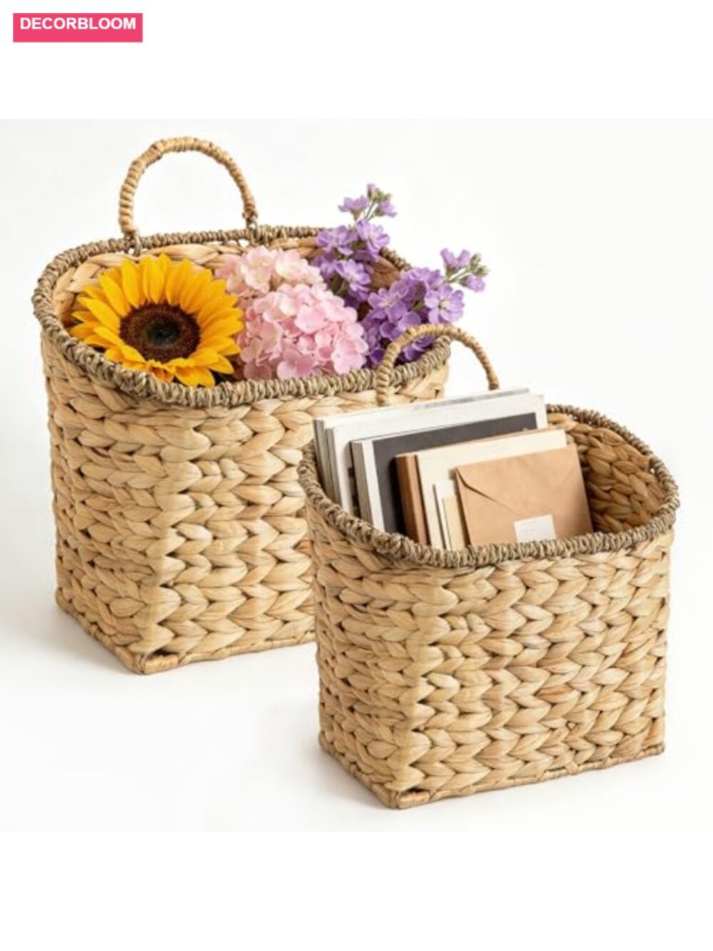Set of 2 Handwoven Water Hyacinth Hanging Wall Baskets for Organization & Decor